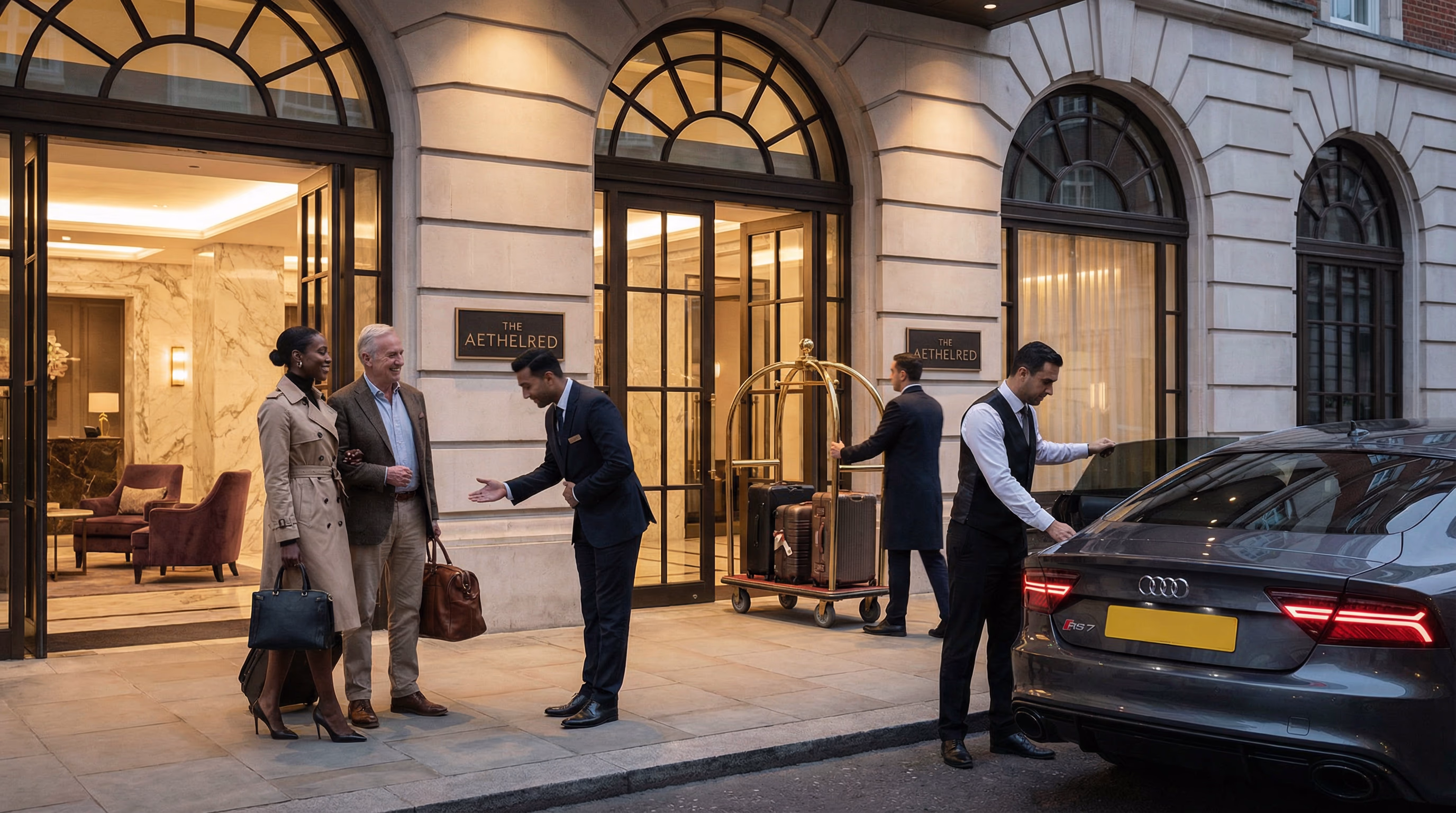 Luxury hotel arrival with concierge-level service
